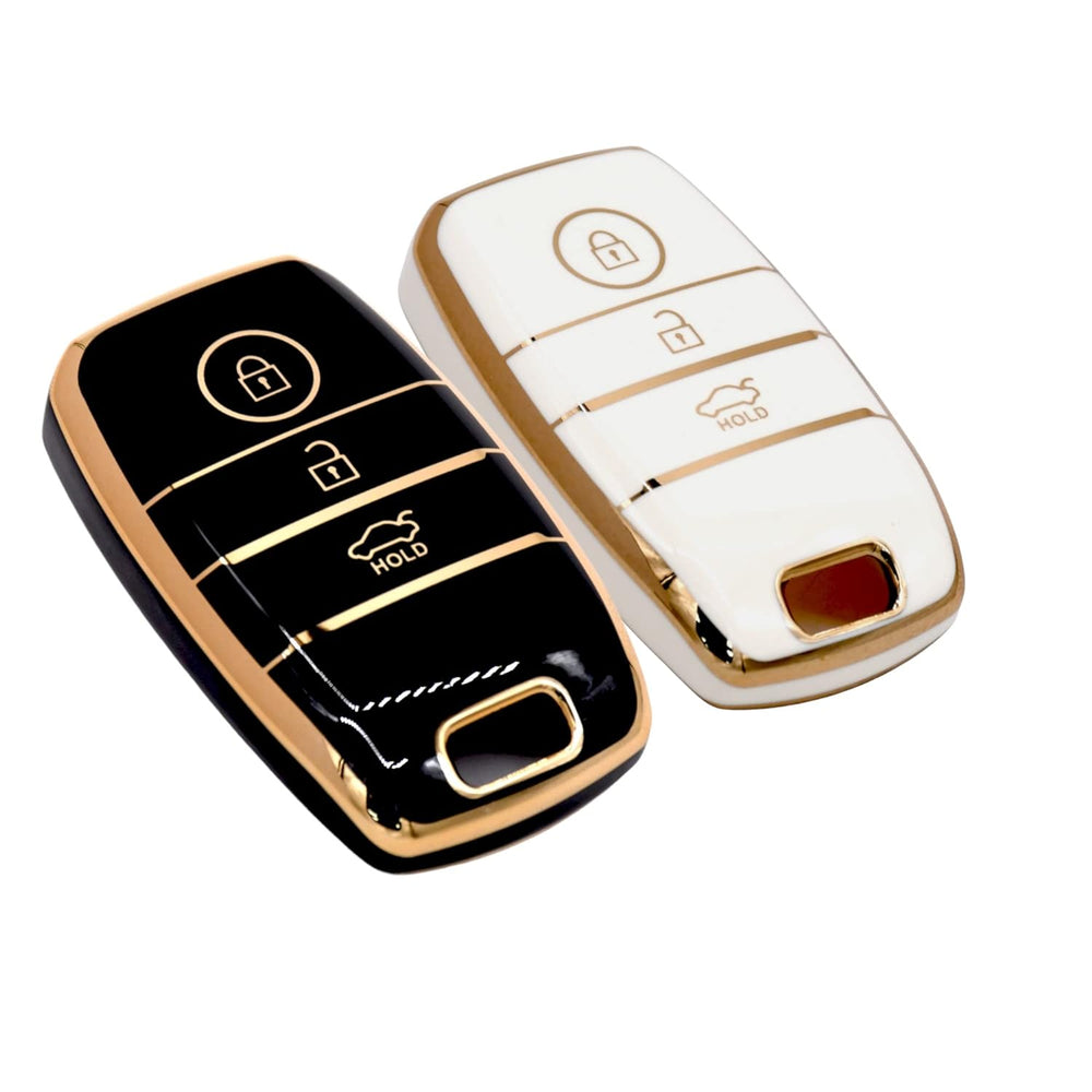KMH TPU Gold Car Key Cover Compatible with Kia Seltos Sonet Carens 3 Button Push Start Car Key (Pack of 2, Black-White)-TPU GOLD KEY COVER-KMH-CARPLUS