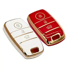 KMH TPU Gold Car Key Cover Compatible with Kia Seltos Sonet Carens 3 Button Push Start Car Key (Pack of 2, Red-White)-TPU GOLD KEY COVER-KMH-CARPLUS