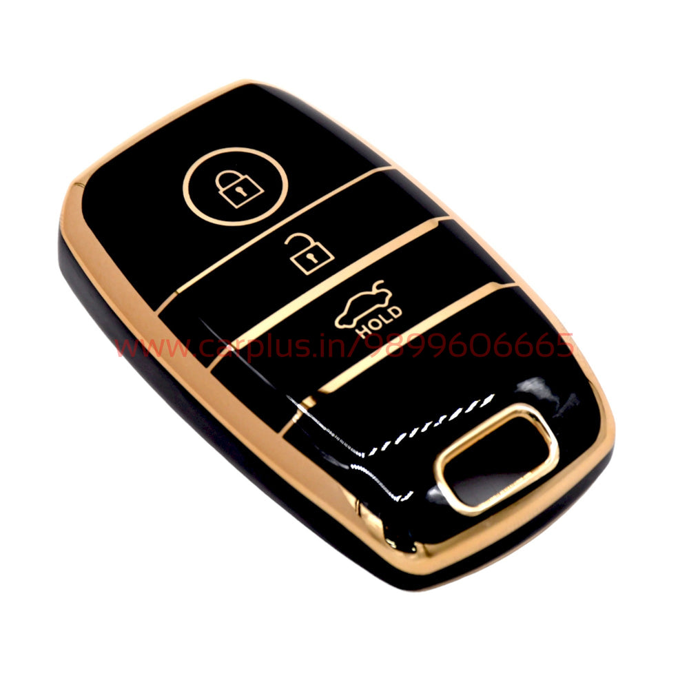 KMH TPU Gold Car Key Cover Compatible with Kia Seltos Sonet Carens 3 Button Push Start Car Key-TPU GOLD KEY COVER-KMH-KEY COVER-Black-CARPLUS