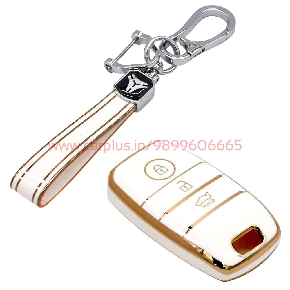 
                  
                    KMH TPU Gold Car Key Cover Compatible with Kia Seltos Sonet Carens 3 Button Push Start Car Key-TPU GOLD KEY COVER-KMH-KEY COVER-White with Keychain-CARPLUS
                  
                