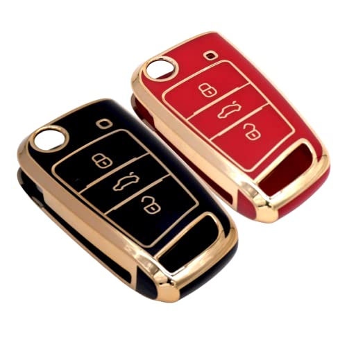 KMH - TPU Gold Car Key Cover Compatible with Skoda Karoq, Octavia, Superb, Kodiaq, Slavia, Volkswagen Virtus, Tiguan, Taigun, Jetta 3 Push Button Smart Key (Pack of 2, Black-Red)-TPU GOLD KEY COVER-KMH-CARPLUS