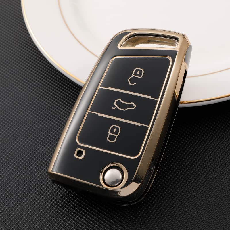 
                  
                    KMH - TPU Gold Car Key Cover Compatible with Skoda Karoq, Octavia, Superb, Kodiaq, Slavia, Volkswagen Virtus, Tiguan, Taigun, Jetta 3 Push Button Smart Key (Pack of 2, Black)-TPU GOLD KEY COVER-KMH-CARPLUS
                  
                