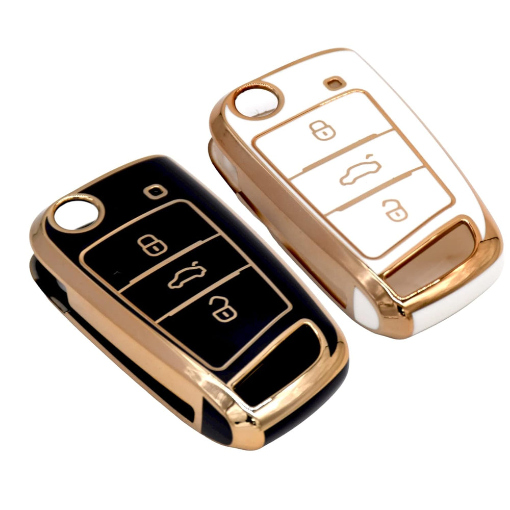 
                  
                    KMH - TPU Gold Car Key Cover Compatible with Skoda Karoq, Octavia, Superb, Kodiaq, Slavia, Volkswagen Virtus, Tiguan, Taigun, Jetta 3 Push Button Smart Key (Pack of 2, Black-White)-TPU GOLD KEY COVER-KMH-CARPLUS
                  
                