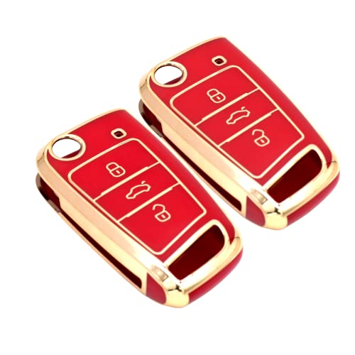 KMH - TPU Gold Car Key Cover Compatible with Skoda Karoq, Octavia, Superb, Kodiaq, Slavia, Volkswagen Virtus, Tiguan, Taigun, Jetta 3 Push Button Smart Key (Pack of 2, Red)-TPU GOLD KEY COVER-KMH-CARPLUS