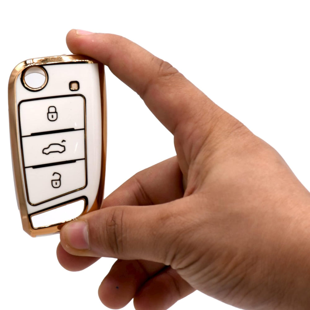 
                  
                    KMH - TPU Gold Car Key Cover Compatible with Skoda Karoq, Octavia, Superb, Kodiaq, Slavia, Volkswagen Virtus, Tiguan, Taigun, Jetta 3 Push Button Smart Key (Pack of 2, White)-TPU GOLD KEY COVER-KMH-CARPLUS
                  
                