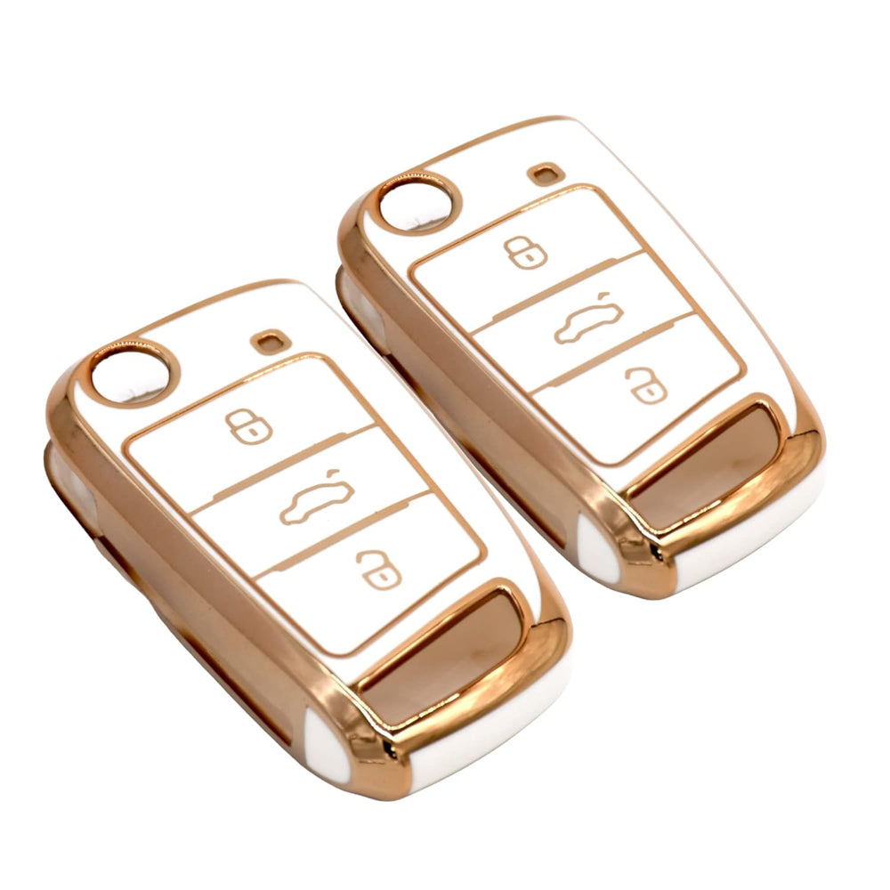 KMH - TPU Gold Car Key Cover Compatible with Skoda Karoq, Octavia, Superb, Kodiaq, Slavia, Volkswagen Virtus, Tiguan, Taigun, Jetta 3 Push Button Smart Key (Pack of 2, White)-TPU GOLD KEY COVER-KMH-CARPLUS