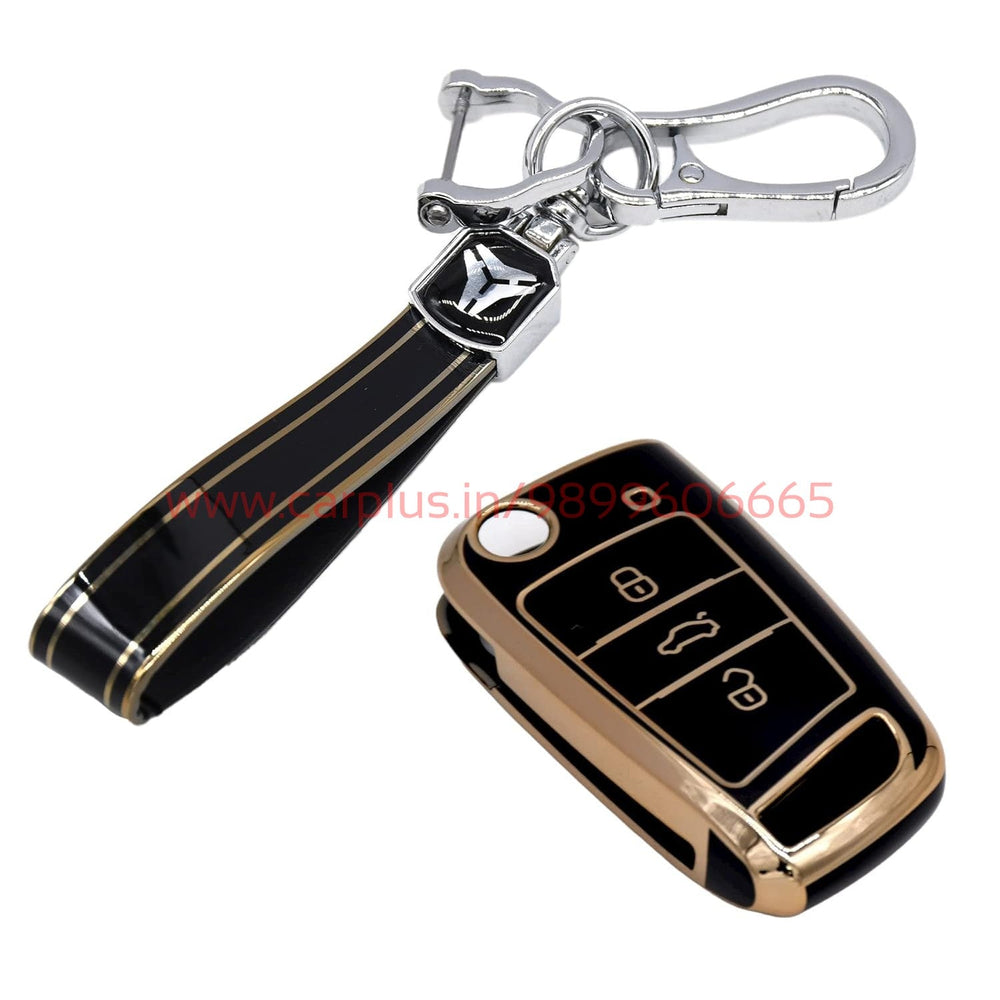 
                  
                    KMH - TPU Gold Car Key Cover Compatible with Skoda Karoq, Octavia, Superb, Kodiaq, Slavia, Volkswagen Virtus, Tiguan, Taigun, Jetta 3 Push Button Smart Key-TPU GOLD KEY COVER-KMH-KEY COVER-Black with Keychain-CARPLUS
                  
                