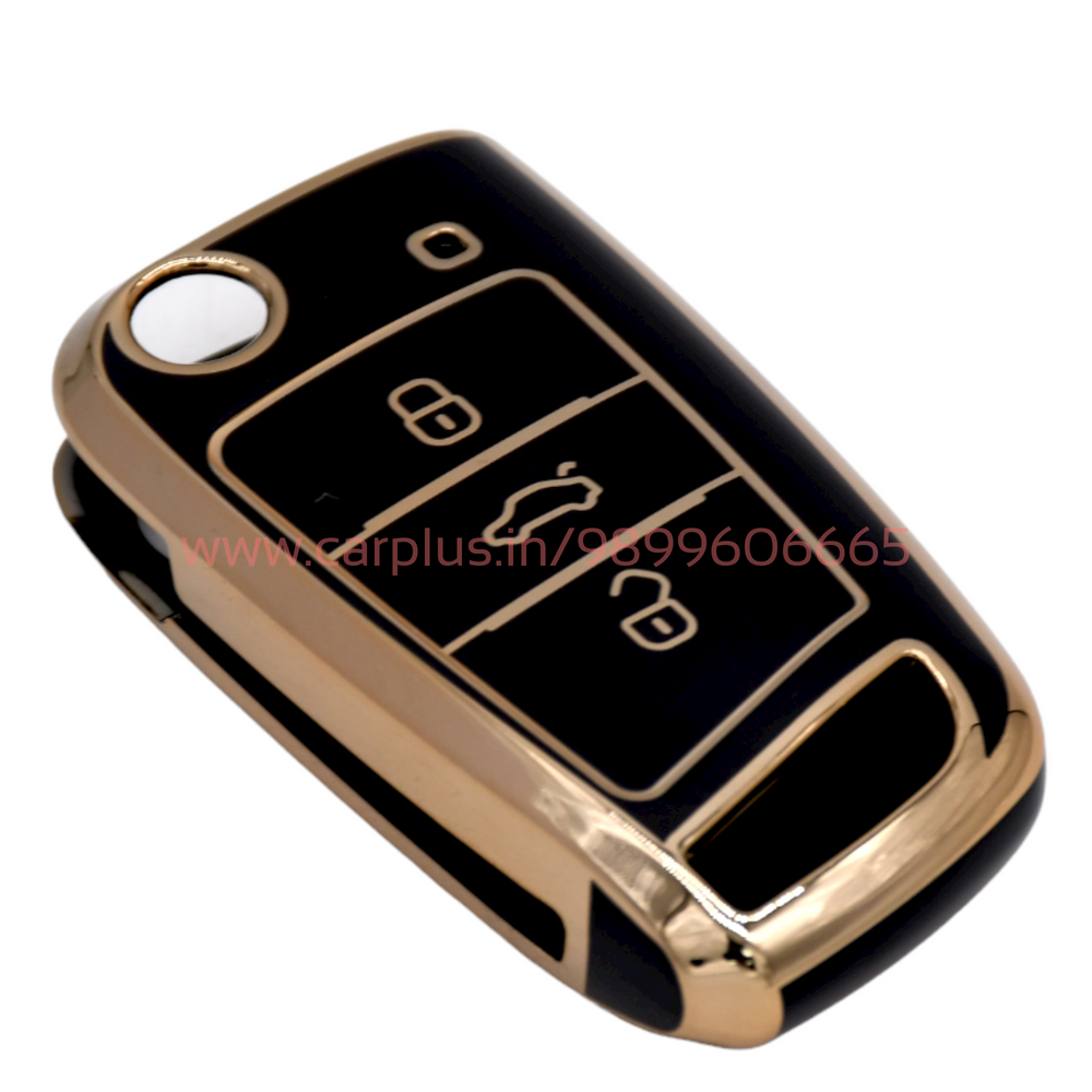 KMH - TPU Gold Car Key Cover Compatible with Skoda Karoq, Octavia, Superb, Kodiaq, Slavia, Volkswagen Virtus, Tiguan, Taigun, Jetta 3 Push Button Smart Key-TPU GOLD KEY COVER-KMH-KEY COVER-Black-CARPLUS