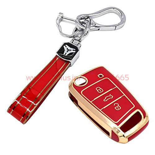 
                  
                    KMH - TPU Gold Car Key Cover Compatible with Skoda Karoq, Octavia, Superb, Kodiaq, Slavia, Volkswagen Virtus, Tiguan, Taigun, Jetta 3 Push Button Smart Key-TPU GOLD KEY COVER-KMH-KEY COVER-Red With Keychain-CARPLUS
                  
                