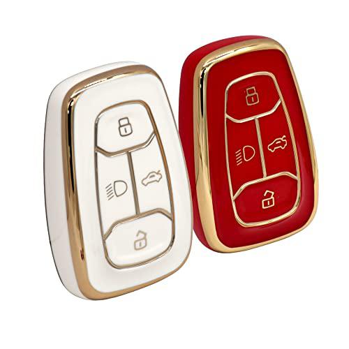 KMH - TPU Gold Car Key Cover Compatible with Tata Nexon, Harrier, Safari, Altroz, Tigor EV, Punch, Tiago EV Electric 4 Button Smart Key (Pack of 2, White-Red)-TPU GOLD KEY COVER-KMH-CARPLUS