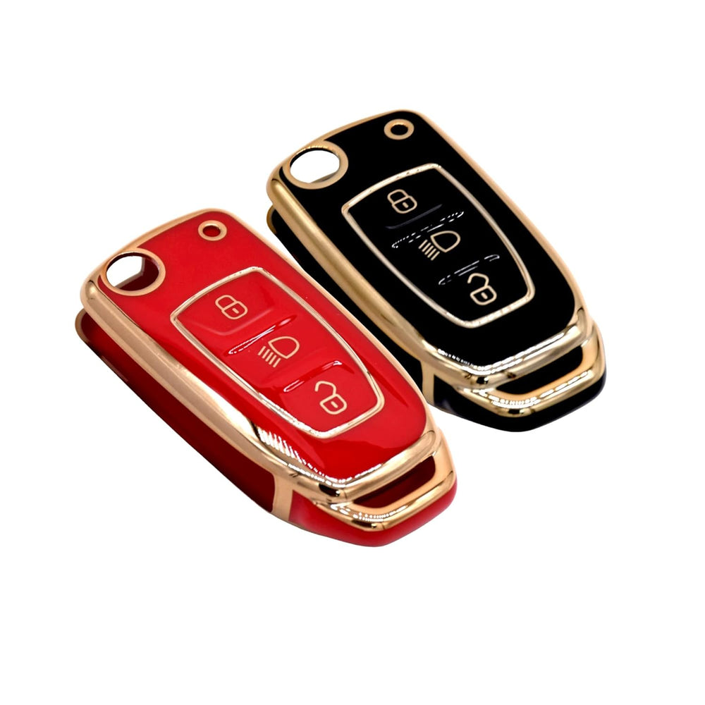 KMH - TPU Gold Car Key Cover Compatible with Tata Tiago| Nexon| Altroz| Safari| Zest | Bolt | Tigor | Punch | Hexa 3 Button Smart Key case (Pack of 2, Black-Red)-TPU GOLD KEY COVER-KMH-CARPLUS