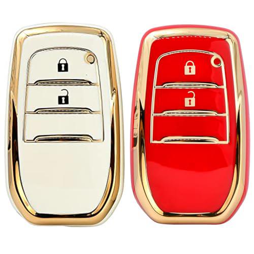 KMH - TPU Gold Car Key Cover Compatible with Toyota Innova Crysta 2 Button Smart Key Cover (Pack of 2 | White-Red)-TPU GOLD KEY COVER-KMH-CARPLUS