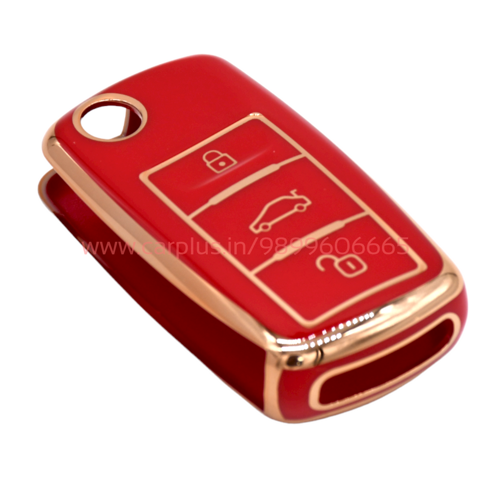 
                  
                    KMH - TPU Gold Car Key Cover Compatible with Volkswagen Polo Vento Jetta Ameo Passat and Skoda Rapid Laura Superb Octavia Smart Key Cover-TPU GOLD KEY COVER-KMH-KEY COVER-Red-CARPLUS
                  
                