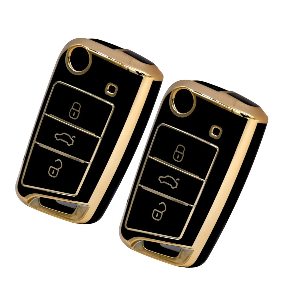 KMH - TPU Gold Car Key Cover Compatible with Volkswagen Polo Vento Jetta Ameo Virtus and Skoda Slavia Rapid Laura Superb Octavia Fabia Yeti Smart Key (Pack of 2, Black)-TPU GOLD KEY COVER-KMH-CARPLUS