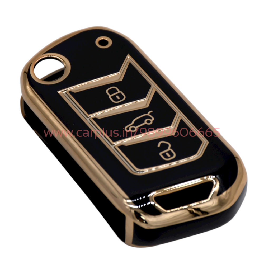 KMH - TPU Gold Car Key Cover Compatible with with Mahindra New Scorpio 2022, XUV 700, Thar 2020, Tuv-300, Marazzo, Scorpio 2019, Bolero 2020 3 Push Button Smart Key-TPU GOLD KEY COVER-KMH-TPU KEY COVER-Black-CARPLUS