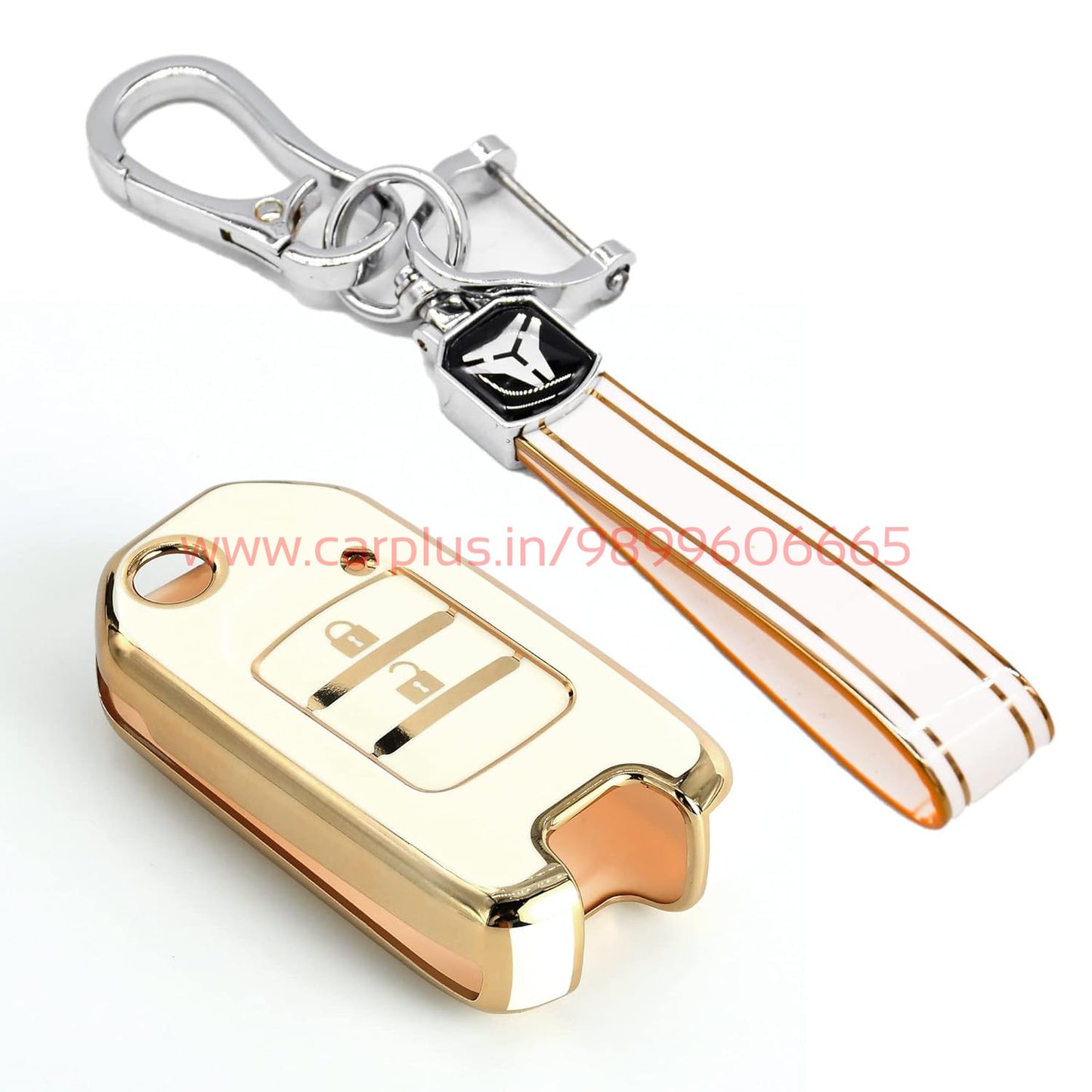 
                  
                    KMH-TPU Gold Key Cover Compatible for Honda City, WR-V, Jazz 2 Button Smart Key Cover-TPU GOLD KEY COVER-KMH-KEY COVER-White with Keychain-CARPLUS
                  
                