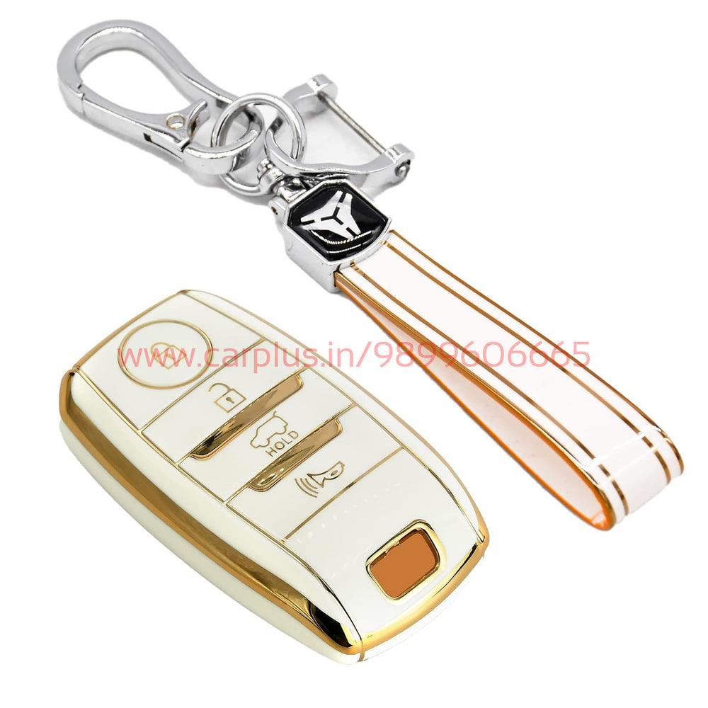 
                  
                    KMH-TPU Gold Key Cover Compatible for KIA Seltos 4 Button Smart Key Cover-TPU GOLD KEY COVER-KMH-KEY COVER-White with Keychain-CARPLUS
                  
                