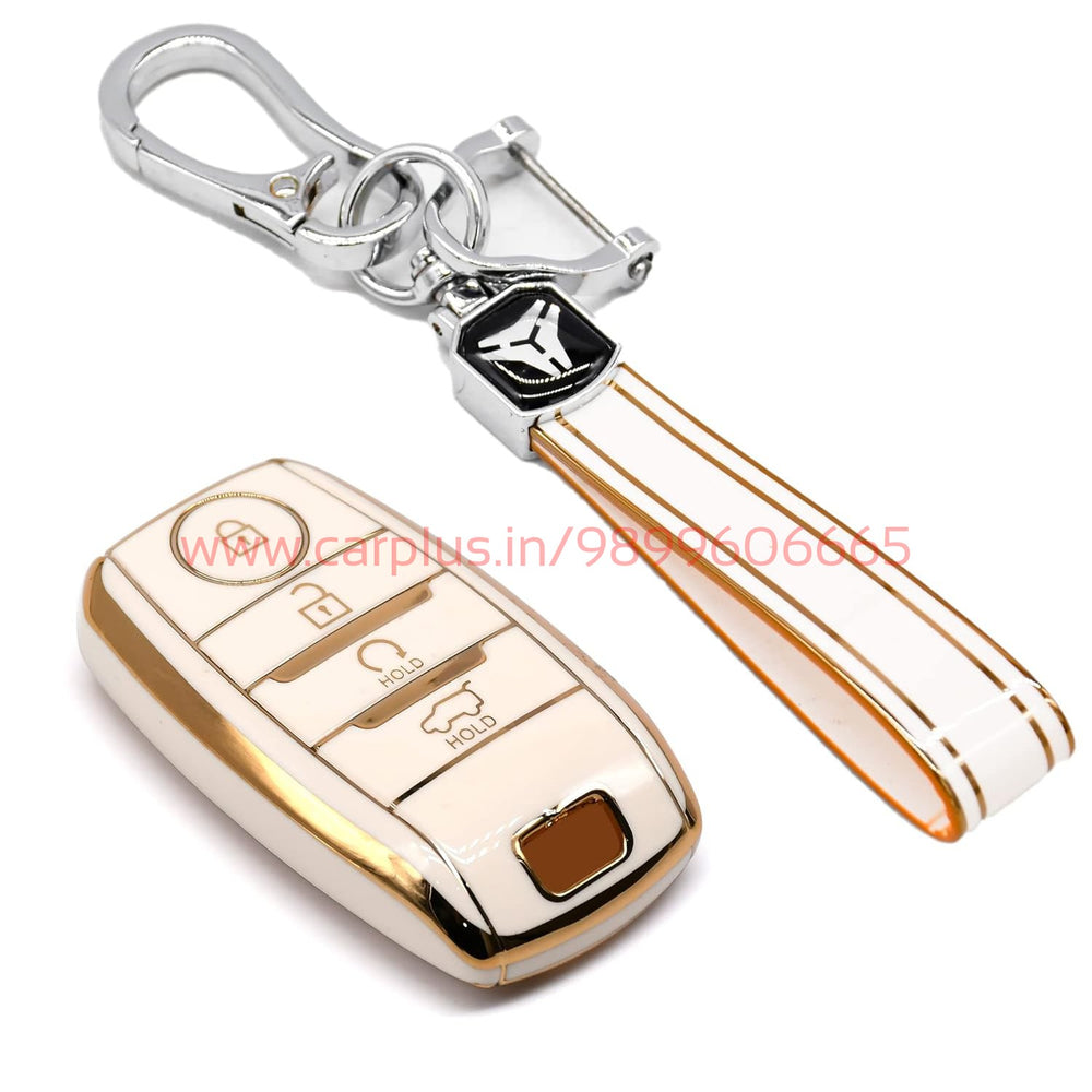 
                  
                    KMH-TPU Gold Key Cover Compatible for Kia Sonet, Seltos 2020 4 Button Push Smart Key Cover-TPU GOLD KEY COVER-KMH-KEY COVER-White with Keychain-CARPLUS
                  
                