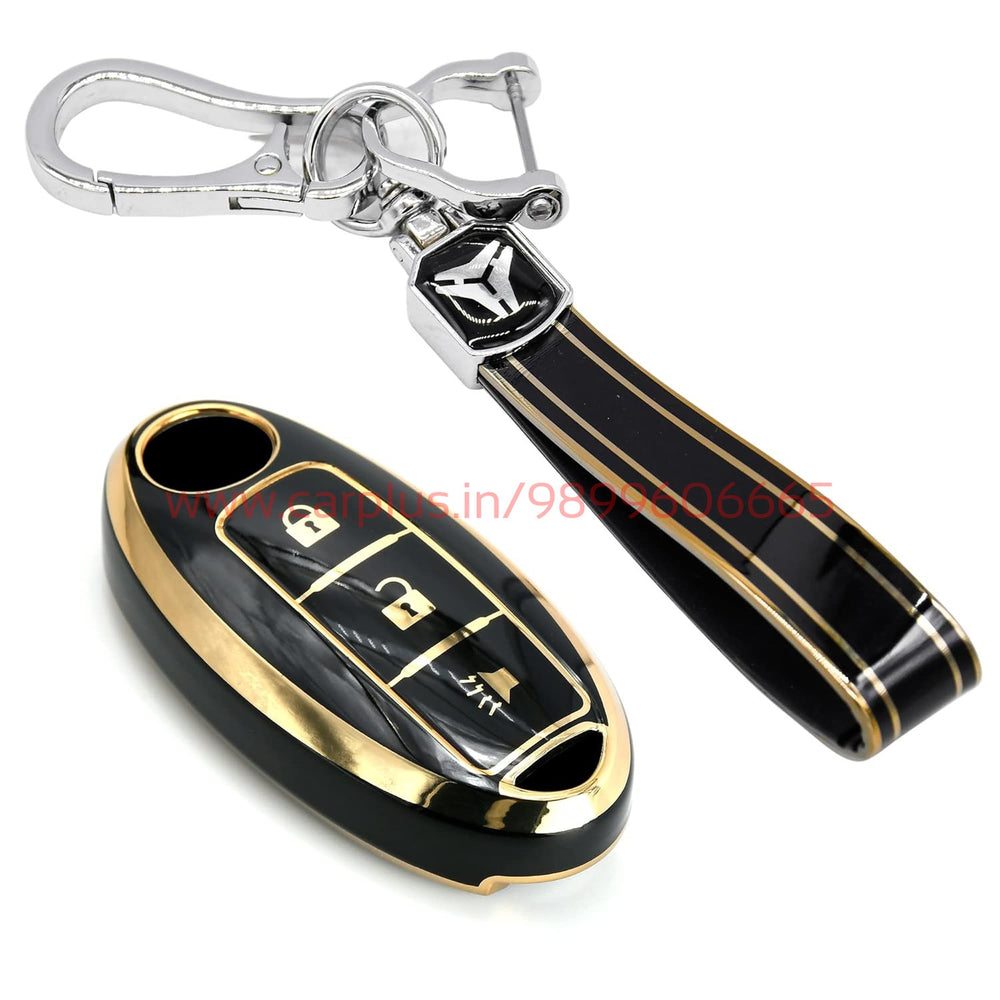 
                  
                    KMH-TPU Gold Key Cover Compatible for Nissan Micra, Sunny, Scala, Pulse, Teana 3 Button Smart Key Black-TPU GOLD KEY COVER-KMH-KEY COVER-Black with Keychain-CARPLUS
                  
                
