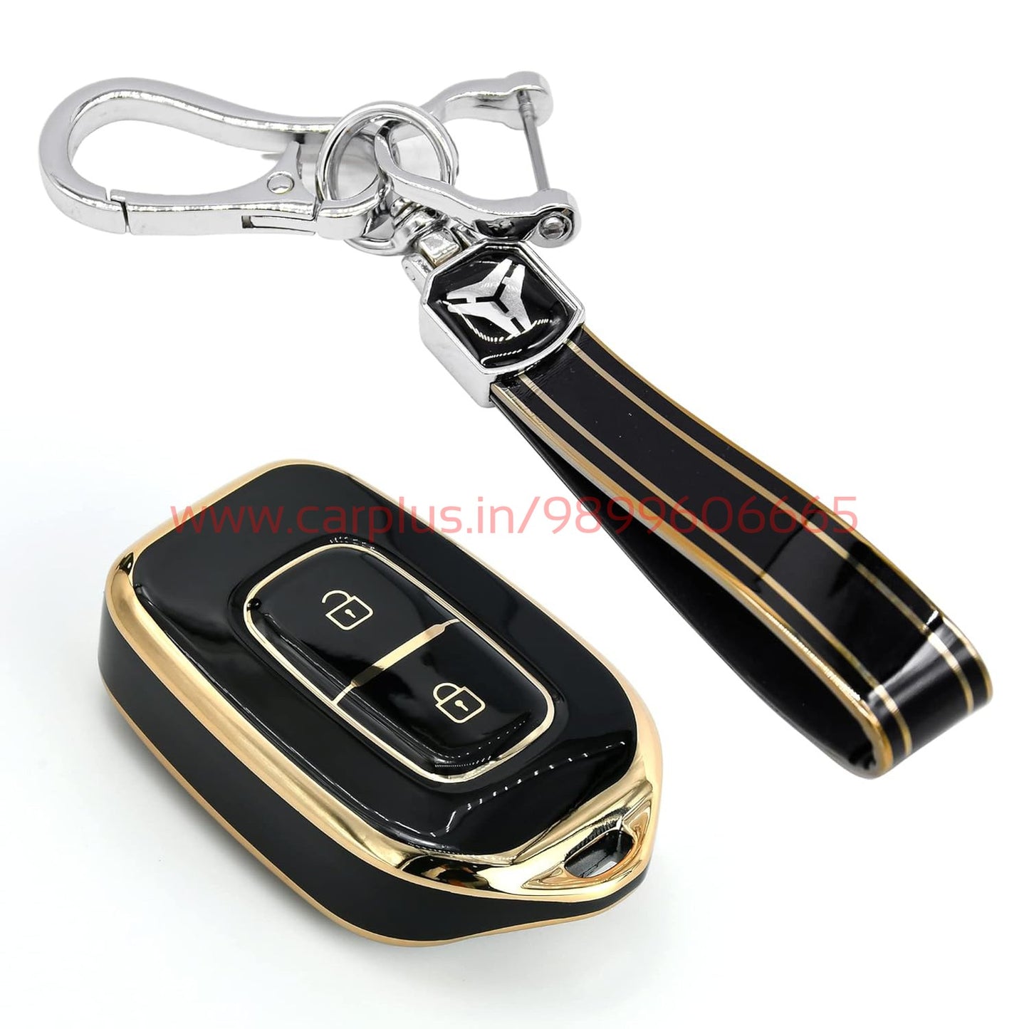 
                  
                    KMH-TPU Gold Key Cover Compatible for Renault Kiger, Kwid, Duster 2016, Triber 2 Button Remote Key Black-TPU GOLD KEY COVER-KMH-KEY COVER-Black with Keychain-CARPLUS
                  
                
