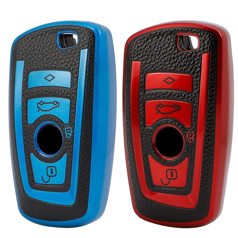 KMH - TPU Leather Pattern Key Cover Compatible for BMW X4, BMW X3, 5 Series, 6 Series, 3 Series, 7 Series 4 Button Smart Key (Pack of 2,Blue-Red)-TPU LEATHER KEY COVER-KMH-CARPLUS