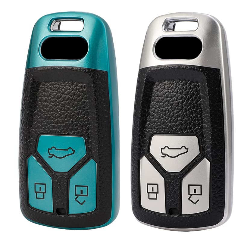 KMH - TPU Leather Pattern Key Cover Compatible with Audi A6 Smart Key (Pack of 2,Green-Silver)-TPU LEATHER KEY COVER-KMH-CARPLUS
