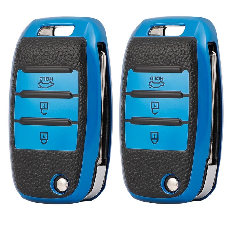 KMH - TPU Leather Pattern Key Cover Compatible with Carnival, Sonet, Carens, Seltos 2020, Sonet X-line 3 Button Smart Key (Pack of 2,Blue)-TPU LEATHER KEY COVER-KMH-CARPLUS