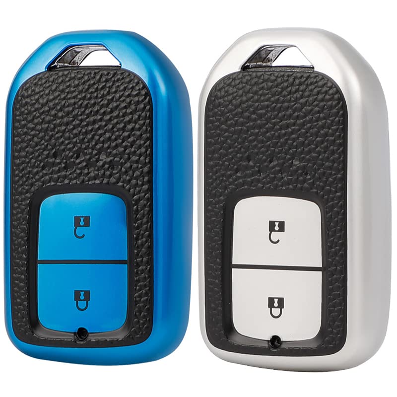 KMH - TPU Leather Pattern Key Cover Compatible with Honda City, Civic, Jazz, Amaze, CR-V, WR-V, BR-V 2 Button Smart Key (Pack of 2,Blue-Silver)-TPU LEATHER KEY COVER-KMH-CARPLUS
