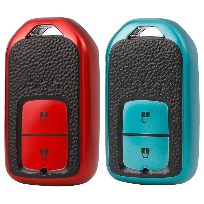 KMH - TPU Leather Pattern Key Cover Compatible with Honda City, Civic, Jazz, Amaze, CR-V, WR-V, BR-V 2 Button Smart Key (Pack of 2,Red-Green)-TPU LEATHER KEY COVER-KMH-CARPLUS