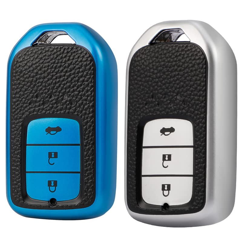 KMH - TPU Leather Pattern Key Cover Compatible with Honda City, Civic, Jazz, Amaze, CR-V, WR-V, BR-V 3 Button Smart Key (Pack of 2,Blue-Silver)-TPU LEATHER KEY COVER-KMH-CARPLUS