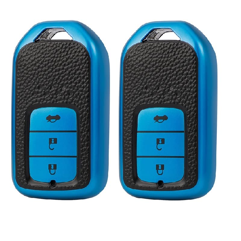 KMH - TPU Leather Pattern Key Cover Compatible with Honda City, Civic, Jazz, Amaze, CR-V, WR-V, BR-V 3 Button Smart Key (Pack of 2,Blue)-TPU LEATHER KEY COVER-KMH-CARPLUS