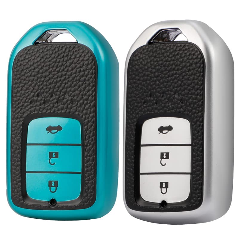 KMH - TPU Leather Pattern Key Cover Compatible with Honda City, Civic, Jazz, Amaze, CR-V, WR-V, BR-V 3 Button Smart Key (Pack of 2,Green-Silver)-TPU LEATHER KEY COVER-KMH-CARPLUS