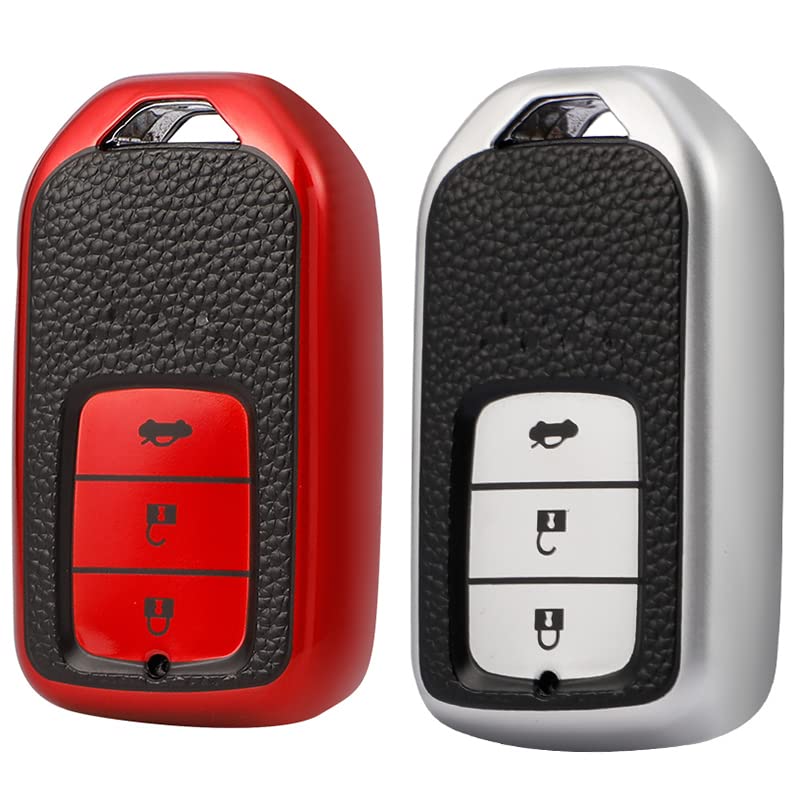 KMH - TPU Leather Pattern Key Cover Compatible with Honda City, Civic, Jazz, Amaze, CR-V, WR-V, BR-V 3 Button Smart Key (Pack of 2,Red-Silver)-TPU LEATHER KEY COVER-KMH-CARPLUS