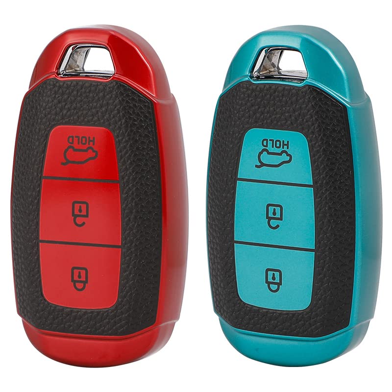 KMH - TPU Leather Pattern Key Cover Compatible with Hyundai Verna 3 Button Smart Key (Pack of 2,Red-Green)-TPU LEATHER KEY COVER-KMH-CARPLUS