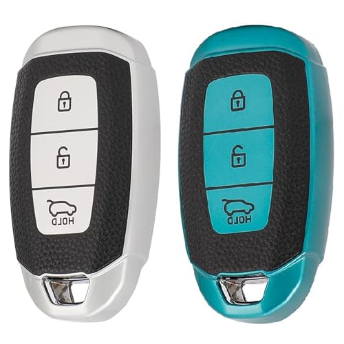 KMH - TPU Leather Pattern Key Cover Compatible with Hyundai Verna 3 Button Smart Key (Silver -Green) (Pack of 2)-TPU LEATHER KEY COVER-KMH-CARPLUS