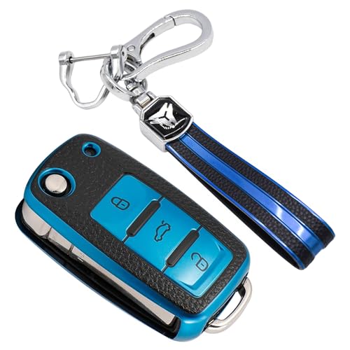 KMH - TPU Leather Pattern Key Cover with Keychain Compatible for Volkswagen Polo Vento Jetta Ameo Passat and Skoda Rapid Laura Superb Octavia Fabia Yeti Smart Key (Blue)-TPU LEATHER KEY COVER-KMH-CARPLUS