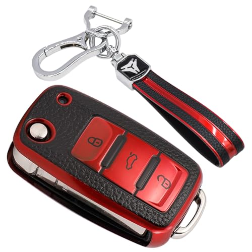 KMH - TPU Leather Pattern Key Cover with Keychain Compatible for Volkswagen Polo Vento Jetta Ameo Passat and Skoda Rapid Laura Superb Octavia Fabia Yeti Smart Key (Red)-TPU LEATHER KEY COVER-KMH-CARPLUS