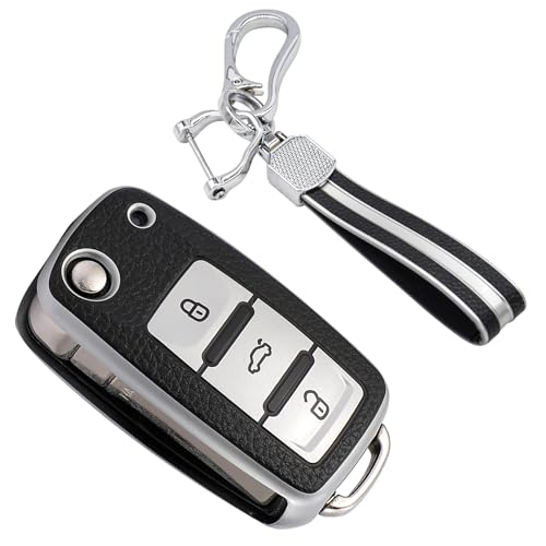 KMH - TPU Leather Pattern Key Cover with Keychain Compatible for Volkswagen Polo Vento Jetta Ameo Passat and Skoda Rapid Laura Superb Octavia Fabia Yeti Smart Key (Silver)-TPU LEATHER KEY COVER-KMH-CARPLUS