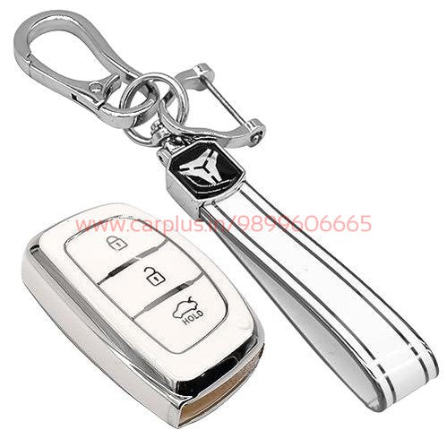 
                  
                    KMH - TPU Siiver Car Key Cover Compatible Hyundai Grand i10 NIOS Asta | Venue | i20 | Aura | Creta | Elantra 3 Button Smart Key Cover-TPU SILVER KEY COVER-KMH-KEY COVER-White with Keychain-CARPLUS
                  
                