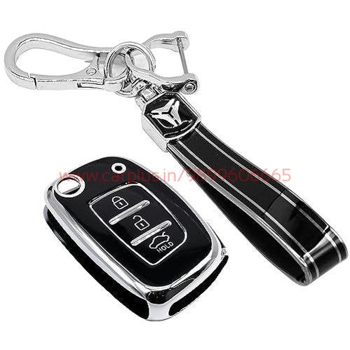 
                  
                    KMH - TPU Silver Car Key Cover Compatible for Venue, Creta, Aura, Elite i20, Active i20, Xcent 3 Button Smart Key (Pack of 1, Black)-TPU SILVER KEY COVER-KMH-KEY COVER-Black with Keychain-CARPLUS
                  
                