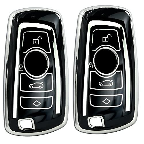 KMH - TPU Silver Car Key Cover Compatible with BMW Push Button Smart Key with Key Chain BMW Series 1 3 4 5 6 7 and BMW X3, BMW X4 M5 M6 GT3 GT5 (Black-2)-TPU SILVER KEY COVER-KMH-CARPLUS