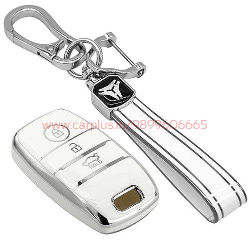 
                  
                    KMH TPU Silver Car Key Cover Compatible with Kia Seltos, Sonet, Carens 3 Button Push Start Car Key(White)-TPU SILVER KEY COVER-KMH-KEY COVER-White with Keychain-CARPLUS
                  
                