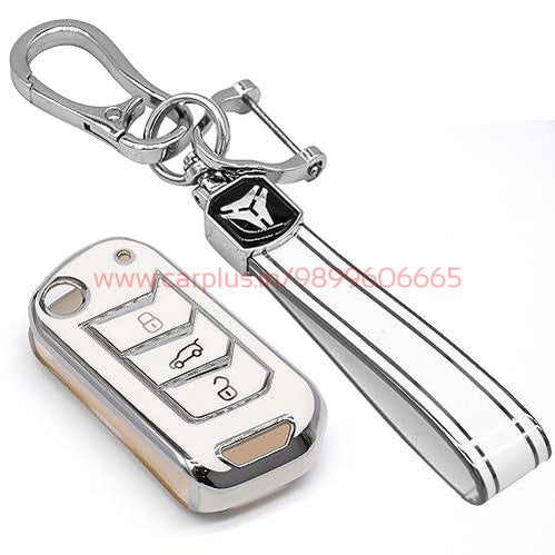 
                  
                    KMH - TPU Silver Car Key Cover Compatible with with Mahindra New Scorpio 2022, XUV 700, Thar 2020, Tuv-300, Marazzo, Scorpio 2019, Bolero 2020 3 Push Button Smart Key-TPU SILVER KEY COVER-KMH-KEY COVER-White with Keychain-CARPLUS
                  
                