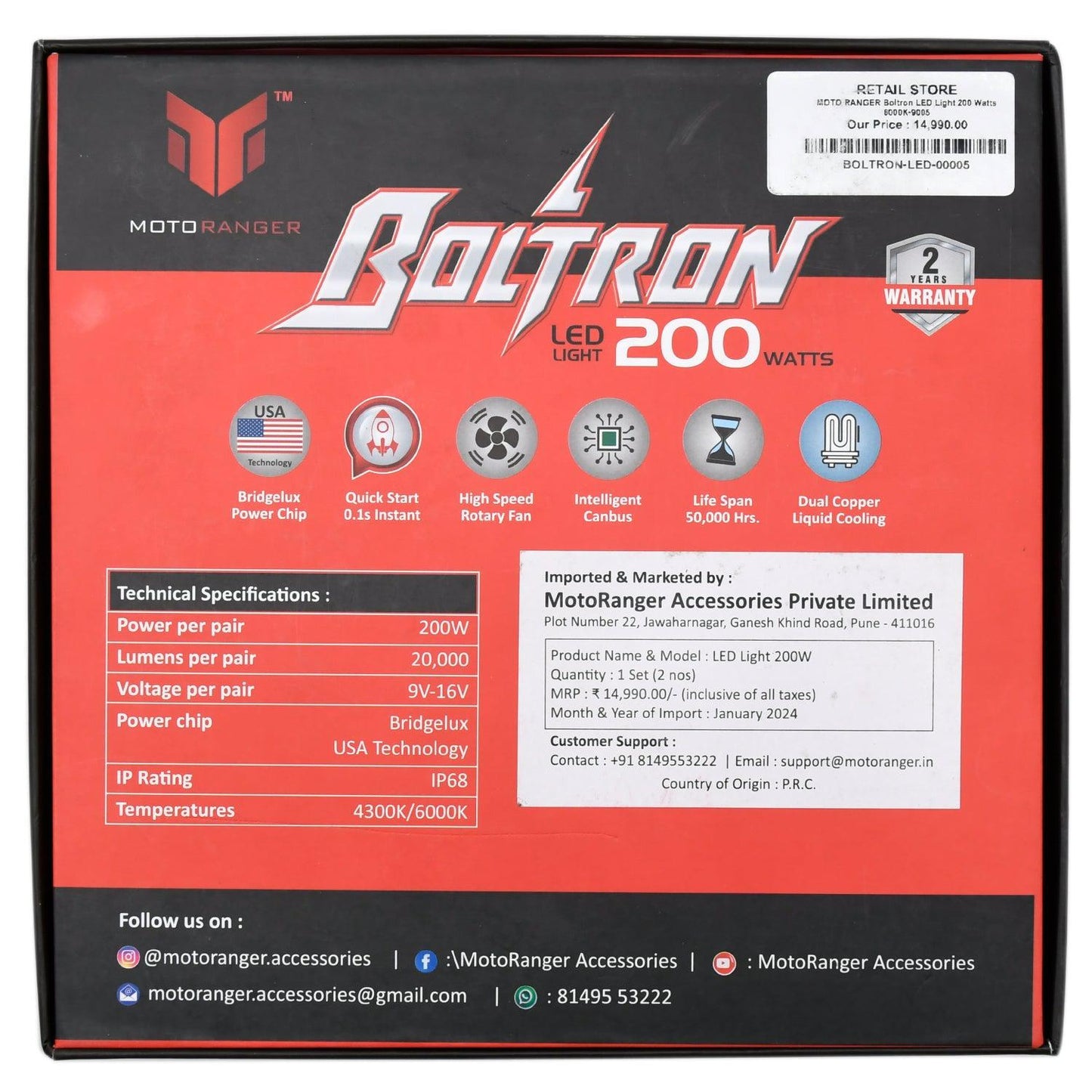 
                  
                    MOTO RANGER Boltron LED Light 200 Watts 6000K-9005-CARPLUS-CARPLUS
                  
                