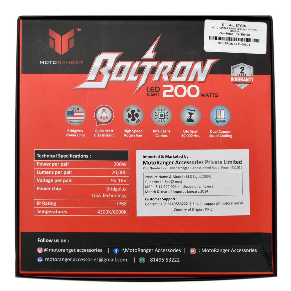 
                  
                    MOTO RANGER Boltron LED Light 200 Watts 6000K-H8-CARPLUS-CARPLUS
                  
                