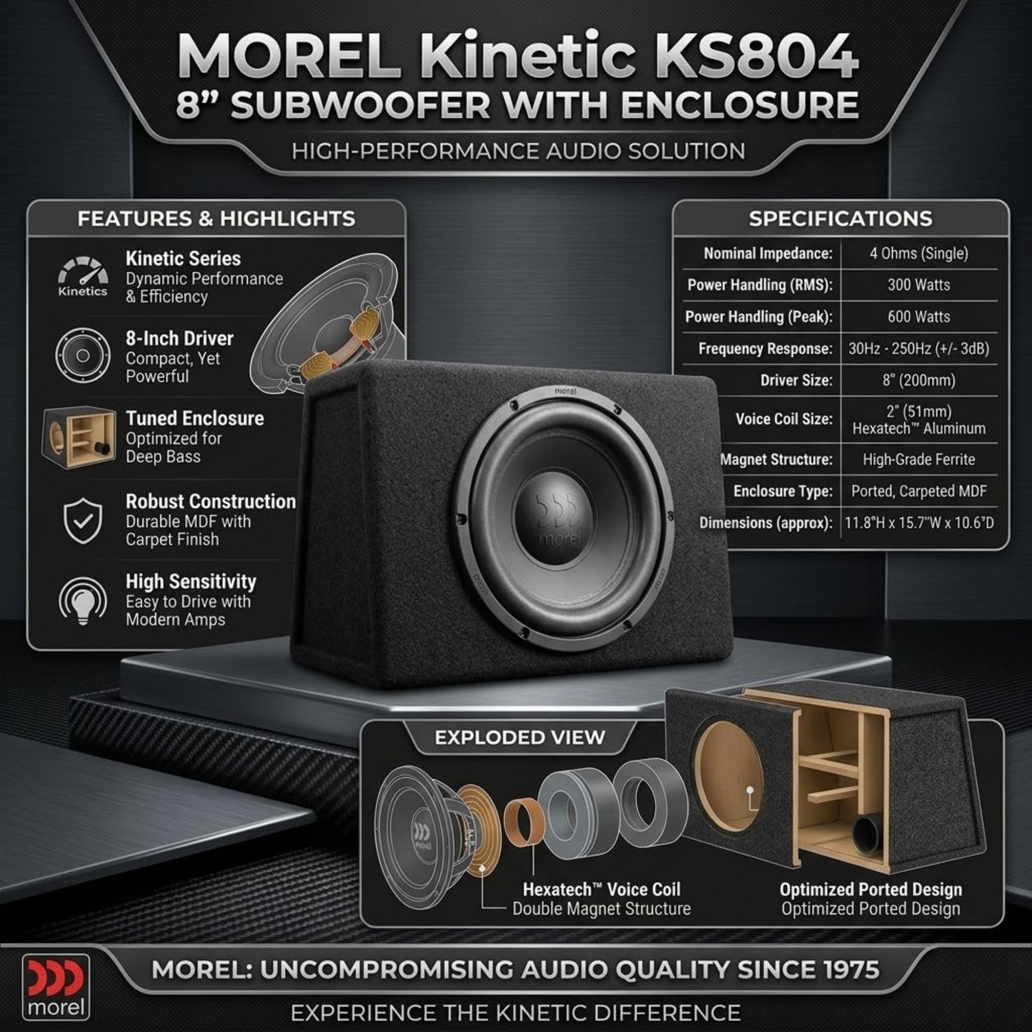 
                  
                    MOREL Kinetic KS804 8" Subwoofer With Enclosure-SUBWOOFERS-MOREL-CARPLUS
                  
                