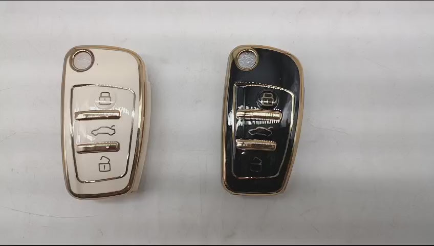
                  
                    Load and play video in Gallery viewer, KMH TPU Gold Car Key Cover Compatible with Audi A1 A3 A6 Q2 Q3 Q7 TT TTS R8 S3 S6 RS3 Smart Folding Key Cover
                  
                