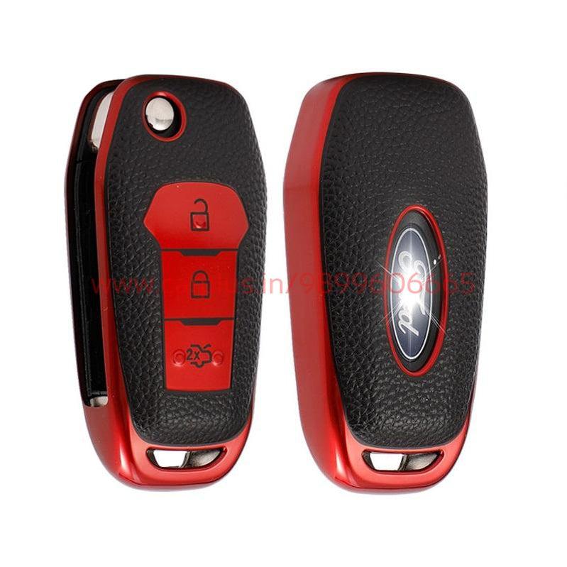 KMH TPU Leather Key Cover for Ford (FORD-F09H-L03)-TPU KEY COVER-KMH-TPU KEY COVER-RED-CARPLUS