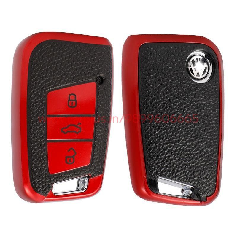 KMH TPU Leather Key Cover for Volkswagen (VW-D09H-L03)-TPU KEY COVER-KMH-TPU KEY COVER-RED-CARPLUS