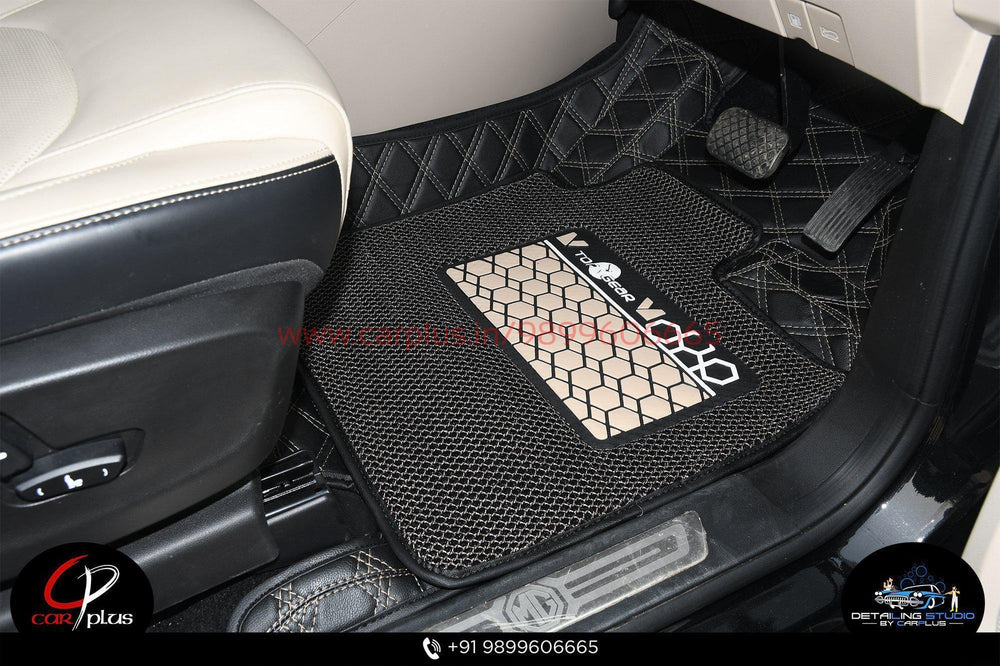 Top Gear 4D Cross HC Leatherite Car Mats for MG Hector (Black, HC-Coffee//Vanilla)-7D MATS-TOP GEAR-CARPLUS